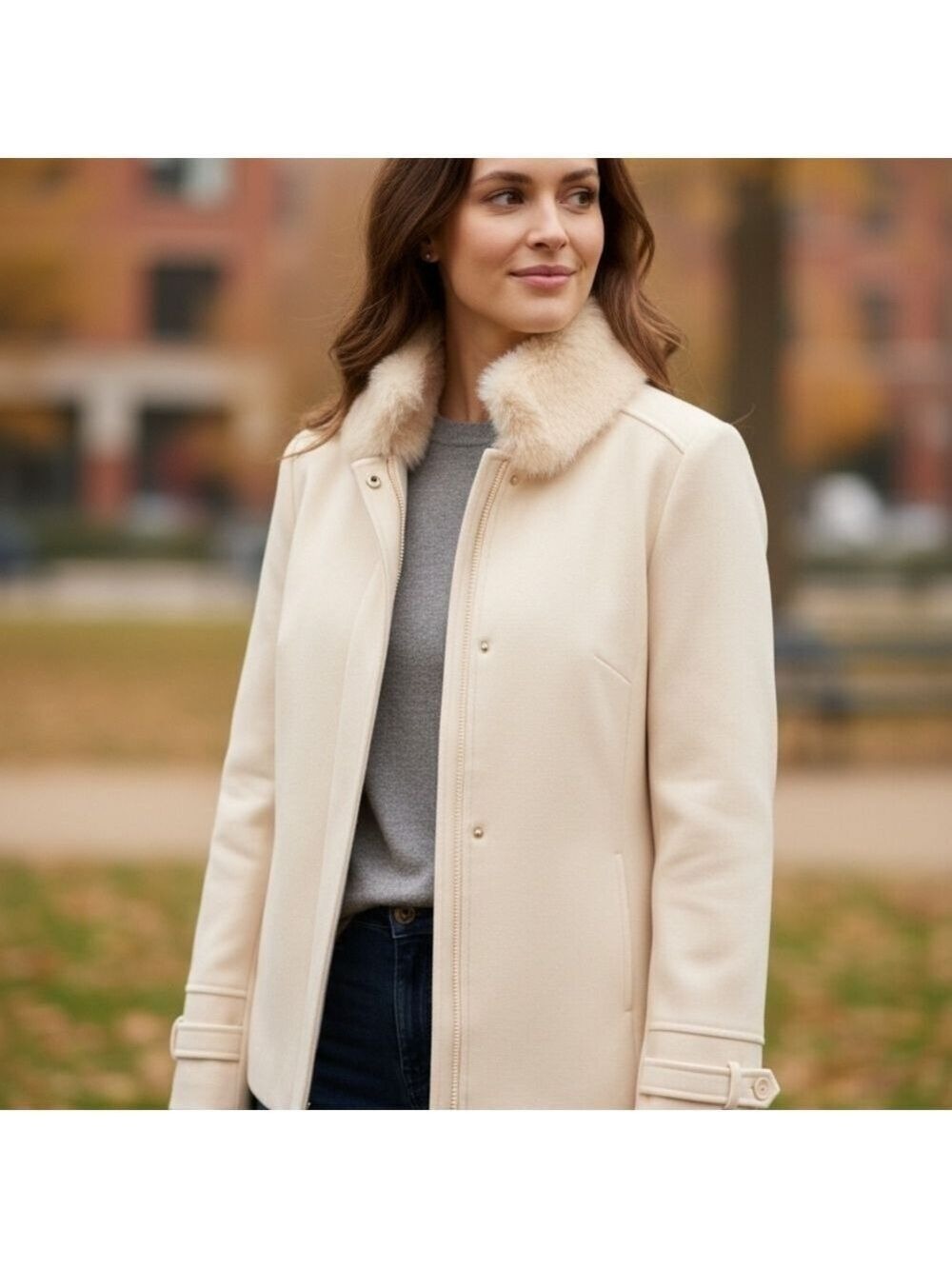 Principles Chic Women's Cream Trench Coat with Faux Fur Collar Euro Size 44